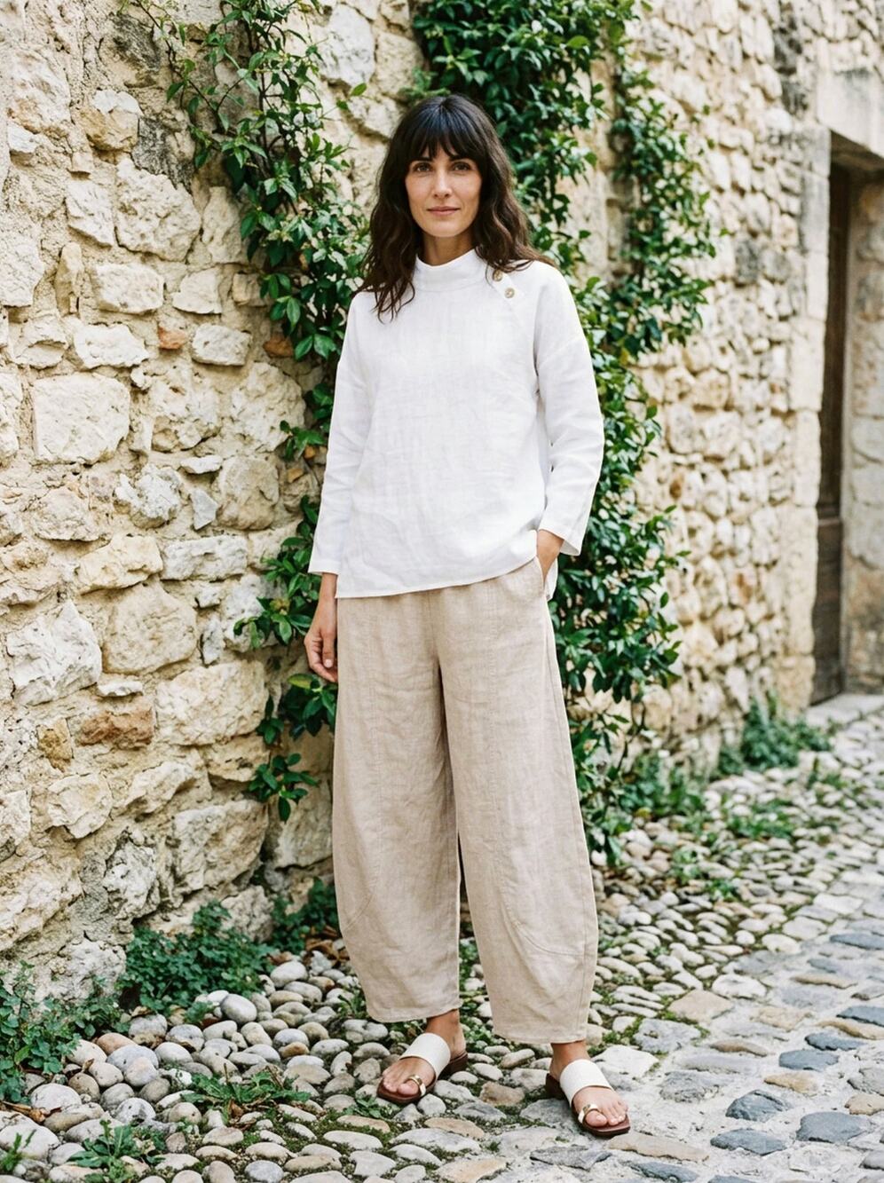 NWT Lintico Zoe 100% Linen Classic Ankle Wide Leg Barrel Pants Natural Melange